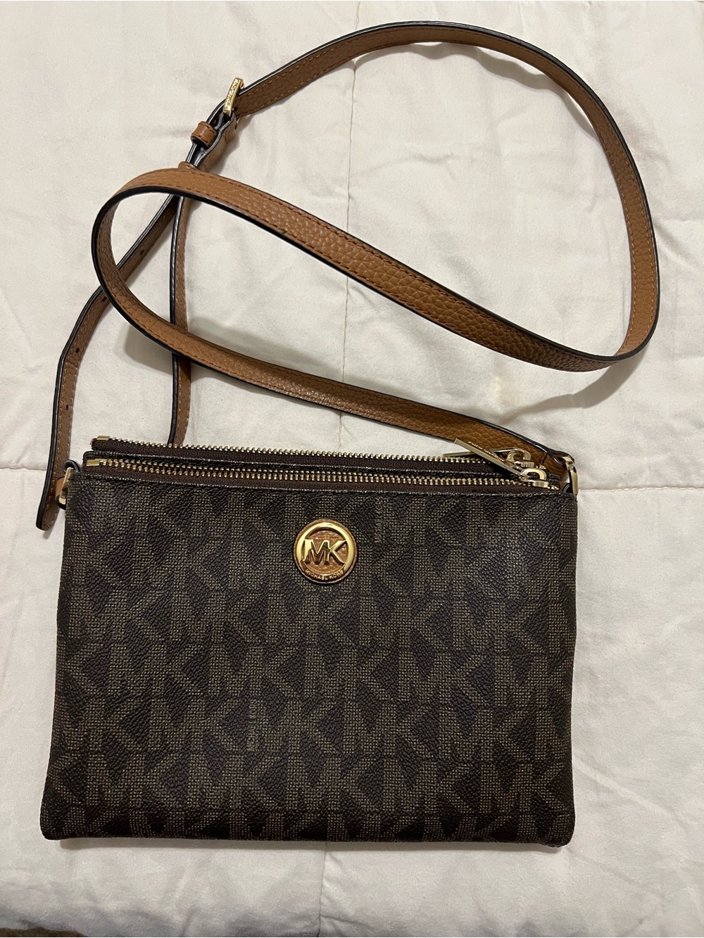 Michael Kors Brown Logo Crossbody with Tan Strap